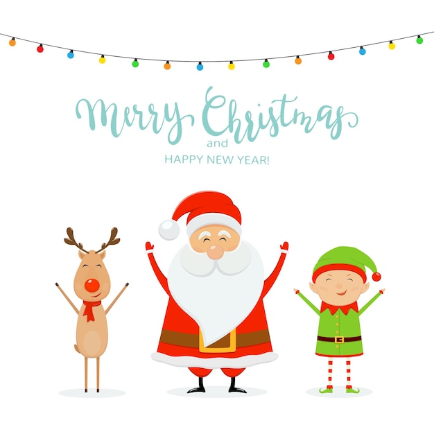 Happy Santa Claus with reindeer and cute elf. Christmas lights with text Merry Christmas and Happy New Year on white background, illustration.