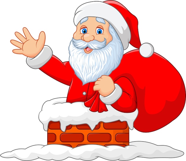 Happy Santa Claus with sack in the chimney