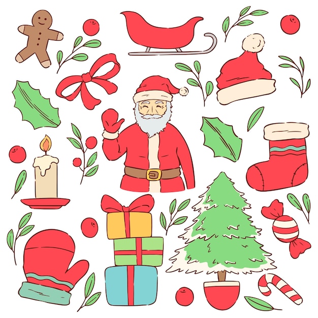 happy santa waving hand. cute christmas icons collection with colorful doodle style