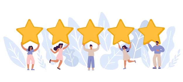 Happy and satisfied customer vector people are holding review stars over their heads Five stars rating Customer review