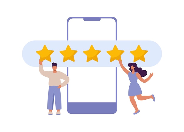 Happy and satisfied vector customer flat man and woman giving Five stars rating on smartphone Customer review