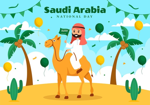 Vector happy saudi arabia national day vector illustration on september 23 with waving flag background