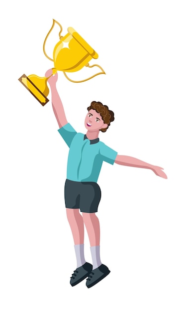 happy school boy kid holding trophy and jumping vector illustration