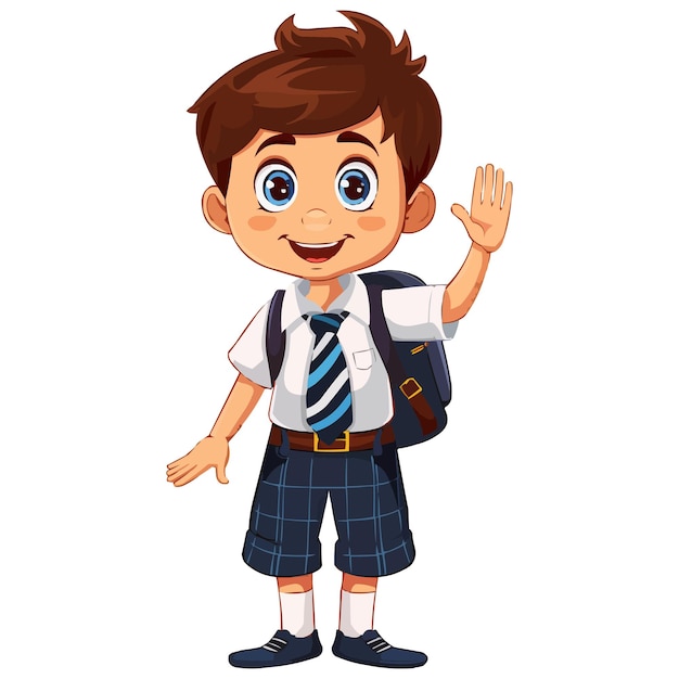 Happy school boy wearing School uniform and waving hand on white background