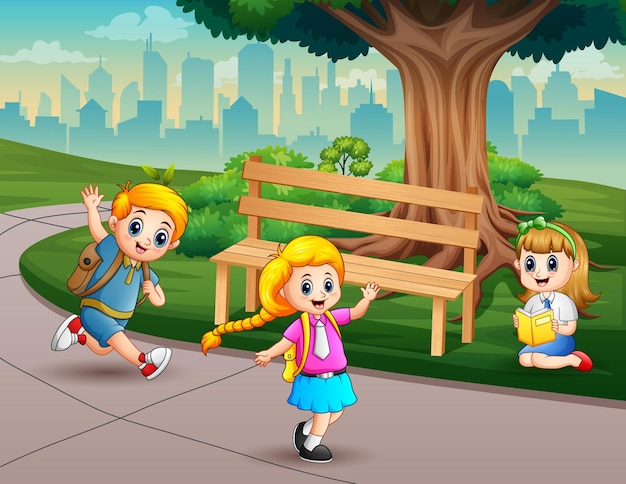 Happy school children in the park illustration