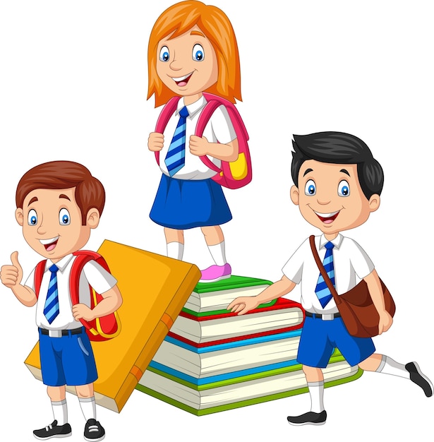 Happy school children with stack of book