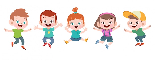 Happy school kids jump vector illustration isolated