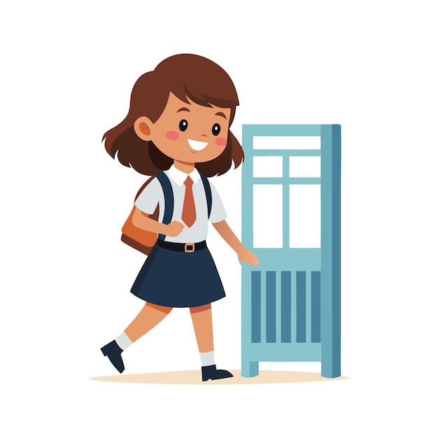 Happy Schoolgirl Walking Through Doorway in Uniform