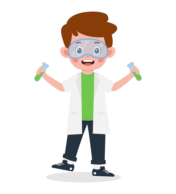 happy scientist kids with elements cartoon illustration