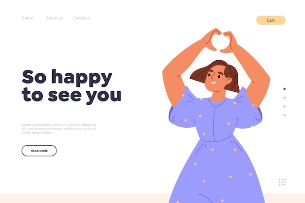 Happy to see you concept of landing page with young girl showing heart shape finger hand gesture