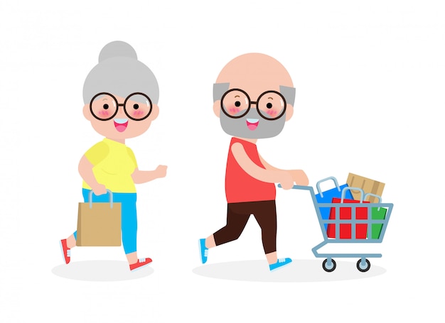 Happy senior couple shopping, old man and old woman with purchases on cart,  cute Elderly Shopping concept, Big sale. Purchasing of goods and gifts. background  illustration