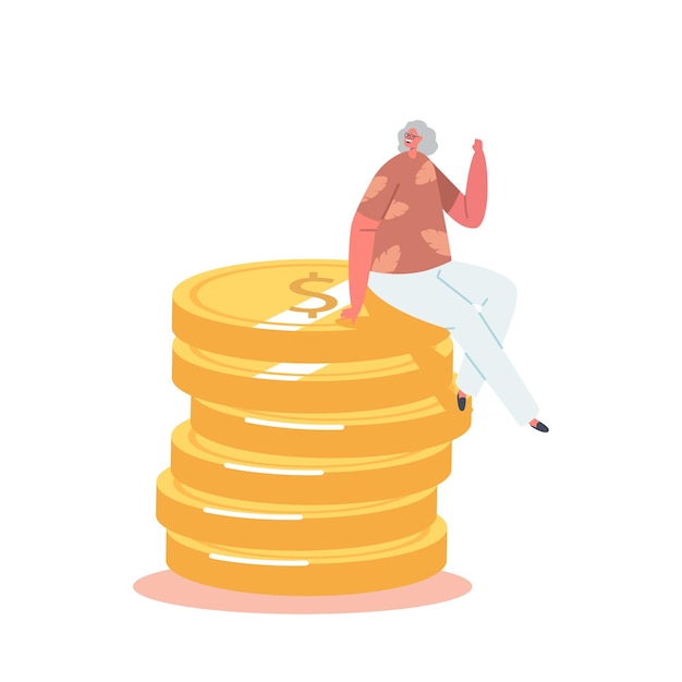 Happy Senior Female Character Sitting on Huge Pile of Golden Coins Concept of Financial Wealth Investment Profit Joyful Grandmother Pension Savings Retirement Cartoon People Vector Illustration