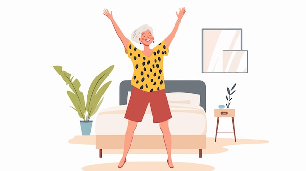 Vector happy senior woman dancing with arms raised joyful and energetic retirement lifestyle concept