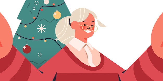 happy senior woman holding camera and taking selfie near fir tree new year christmas holidays celebration concept horizontal portrait vector illustration