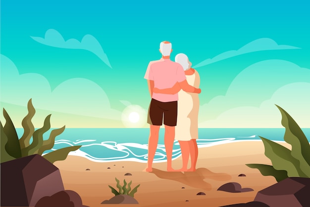 Happy seniors spending time on a tropical beach together. Retired couple on their summer vacation. Landing page or web banner concept.   