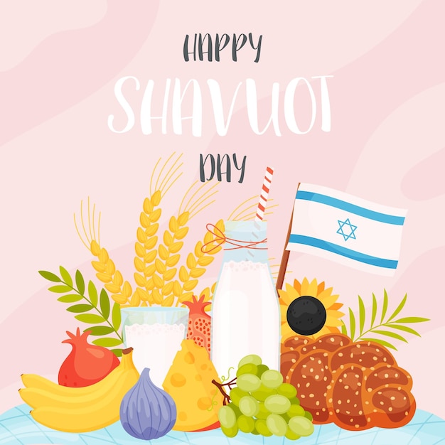 Happy Shavuot day greeting card concept Translation from Hebrew text Happy Shavuot Vector illustration