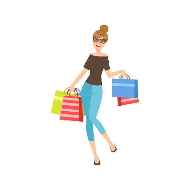 Happy Shopaholic Girl With Paper Shopping Bags Wearing Dark Glasses Part Of Women Different Lifestyles Collection