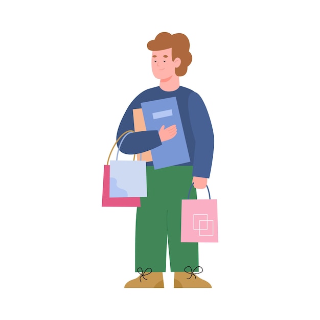 Happy shopper boy hold lot of shopping bags packages and gifts