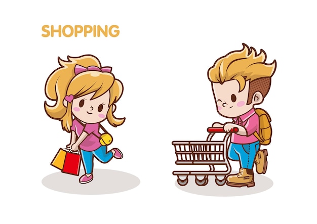 Happy shoppers characters with purchases cartoon vector illustrationcute people