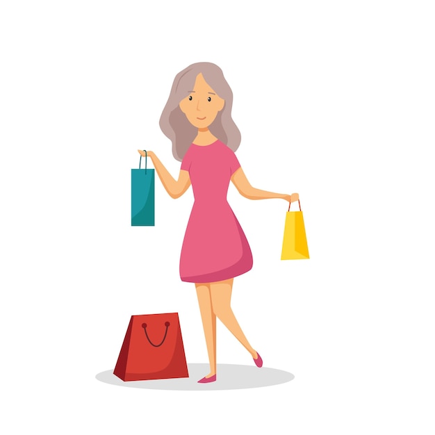 Happy shopping girl Vector cartoon illustration