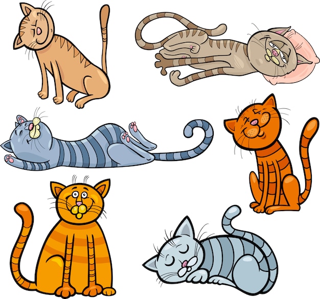 Happy and sleepy cats cartoon set