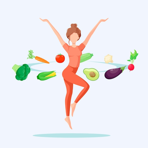 Happy slender woman with vegetables. Healthy diet and lifestyle. Cartoon design.