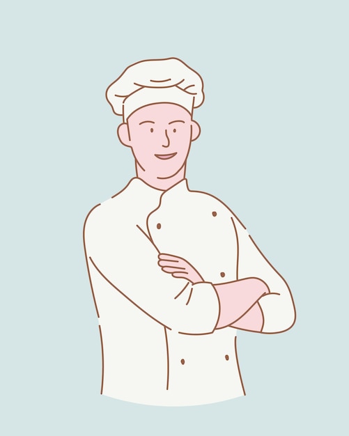 Happy smile chef with crossed arms with outline or line and clean simple style