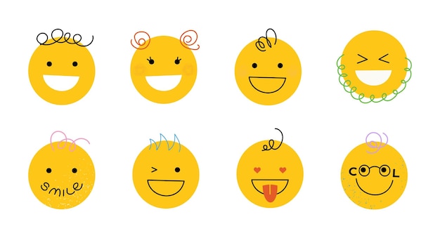 Happy smile faces hand drawn set vector illustration