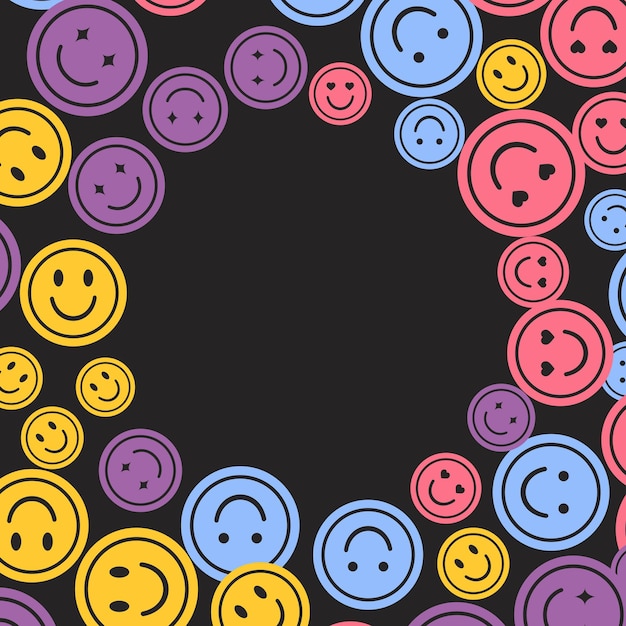 Happy smile faces seamless pattern in trendy funky y2k style Colorful circle stickers character icons endless background Vector illustration in 90s graphic for fabric print textile presentation