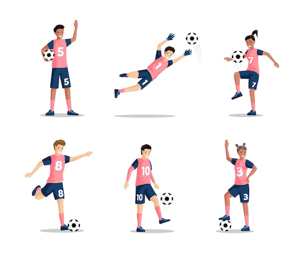 Happy smiling boys and girls playing football vector flat illustration