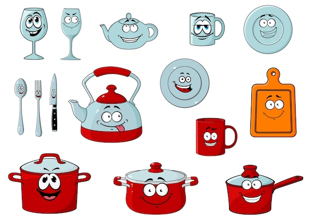 Happy smiling cartoon glassware and kitchenware characters