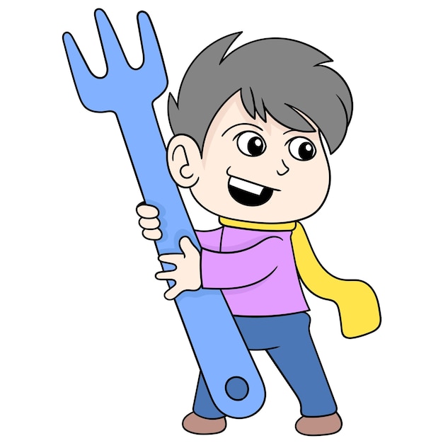 Happy smiling face boy carrying a giant fork, vector illustration art. doodle icon image kawaii.