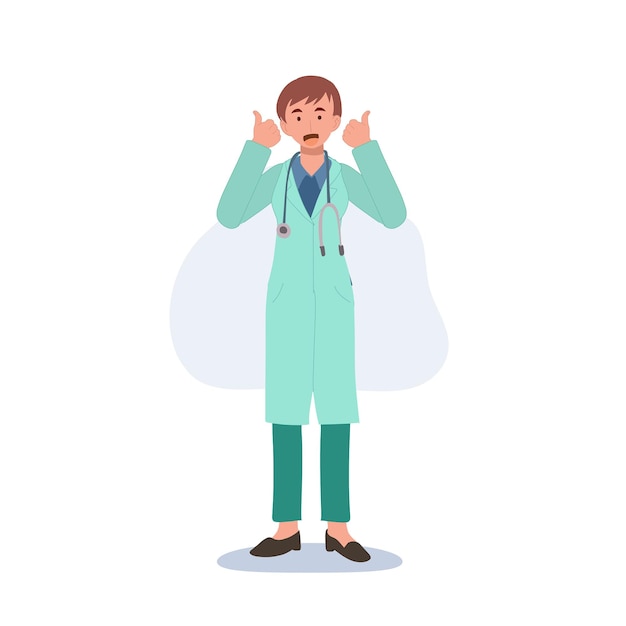 Happy Smiling female doctor with stethoscope showing thumbs up both hands Falt Vector cartoon illustration