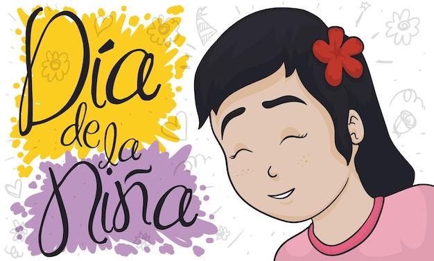 Happy smiling girl that enjoy Children's Day with greeting in Spanish and festive doodles