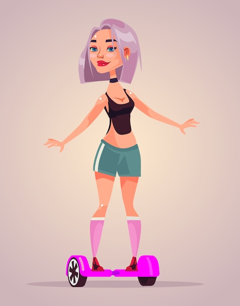 Happy smiling little girl teen character riding on hoverboard. 