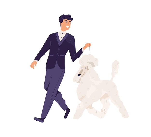 Happy smiling man in elegant formal suit walking with dog. Pet owner leading his Royal Poodle on leash. Person and purebred doggy. Colored flat vector illustration isolated on white background.