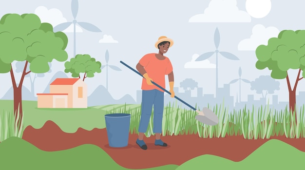 Happy smiling man holding shovel and digging in garden