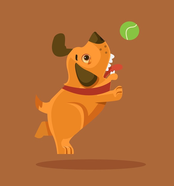 Happy smiling puppy dog character playing with ball