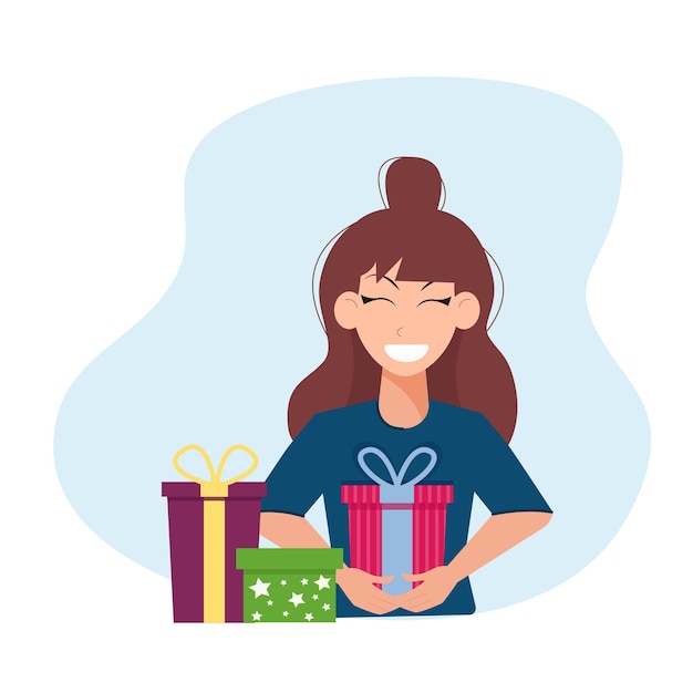 Happy smiling woman holding Christmas gift box Cartoon flat character