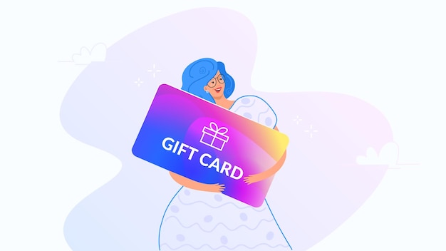 Happy smiling woman hugging big gift card Gradient vector illustration of people use gift coupons