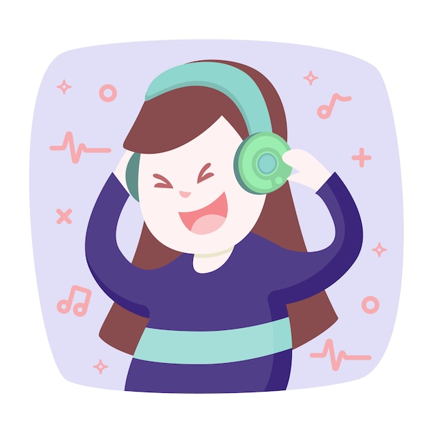 Happy smiling young woman listens to music 