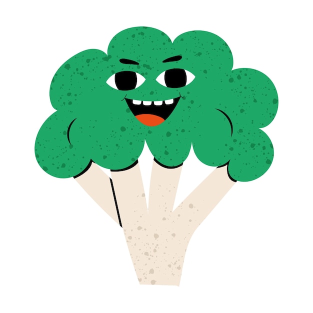 Happy smilling cute broccoli cartoon character in hand drawn style