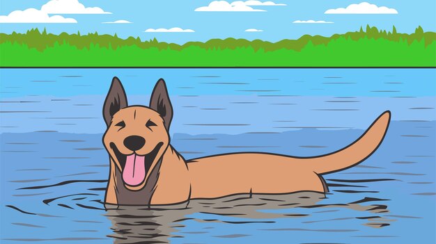 Vector happy smyling cartoon dog swimming in the river vector illustration