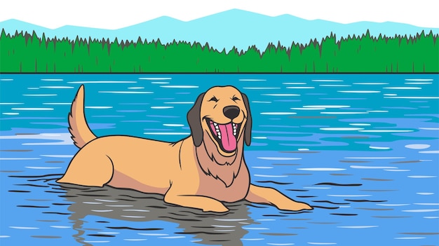 Vector happy smyling cartoon dog swimming in the river vector illustration