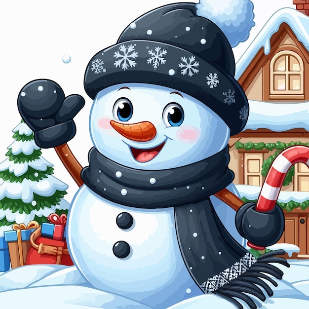 Vector happy snowman wearing black scarf and hat vector illustration mascot