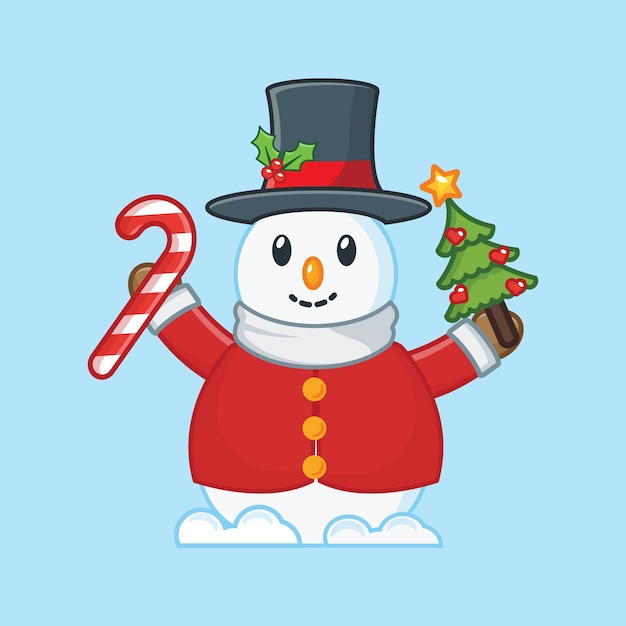 Happy snowman with candy and christmas tree. christmas  illustration 