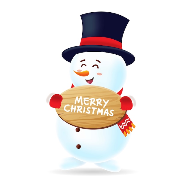 Happy snowman withs black hat and red scarf carrying a christmas wood board with isolated 