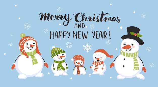 Happy snowmen family Merry Christmas and Happy New Year greeting cards