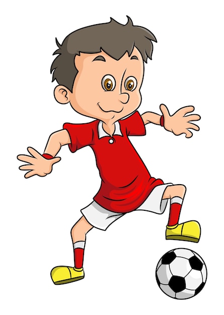 The happy soccer boy is kicking the ball of illustration