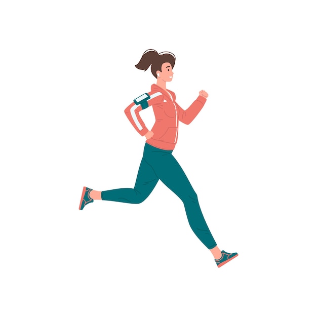 Happy sports woman enjoying outdoor running listening music in earphones vector flat illustration